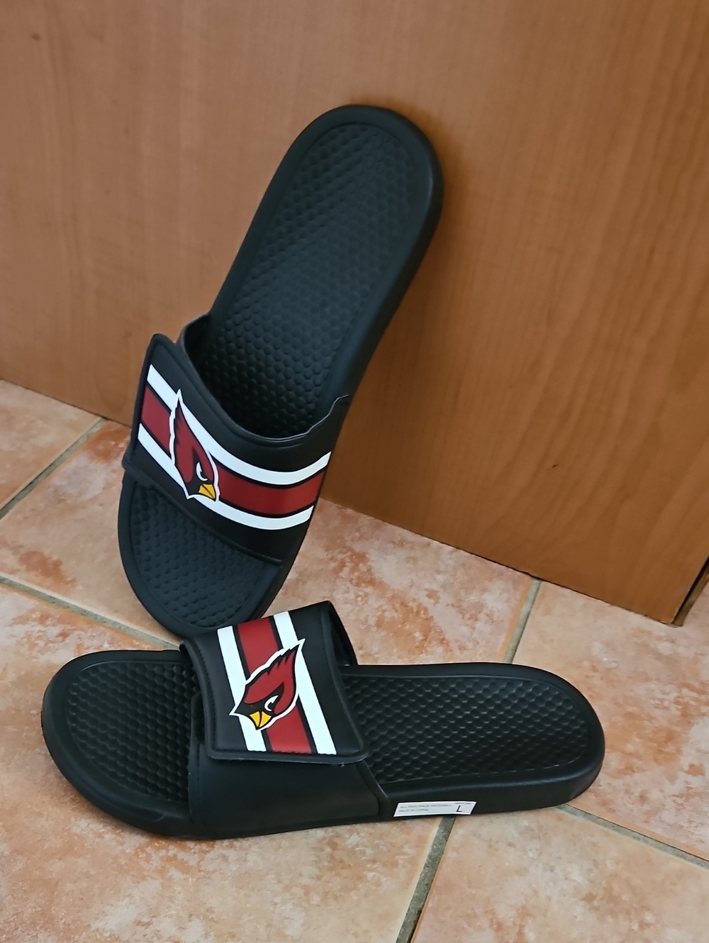 Black Slide Sandals with Red Cardinal Logo